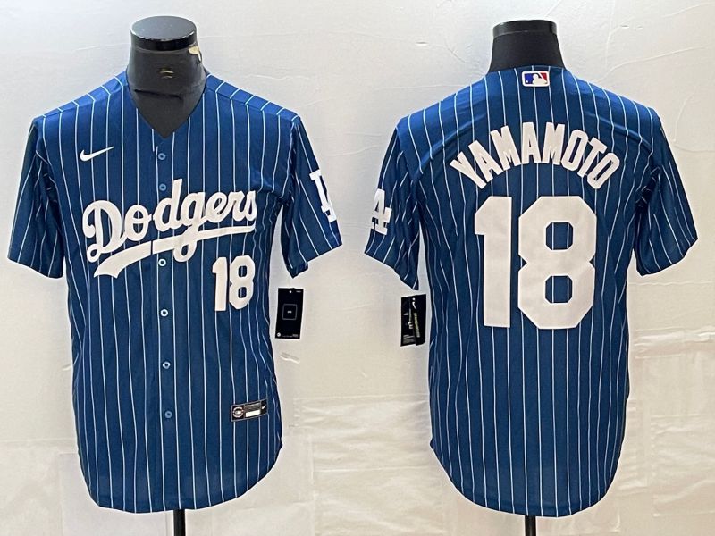 Men Los Angeles Dodgers #18 Yamamoto Blue stripe Nike Game MLB Jersey style 9
